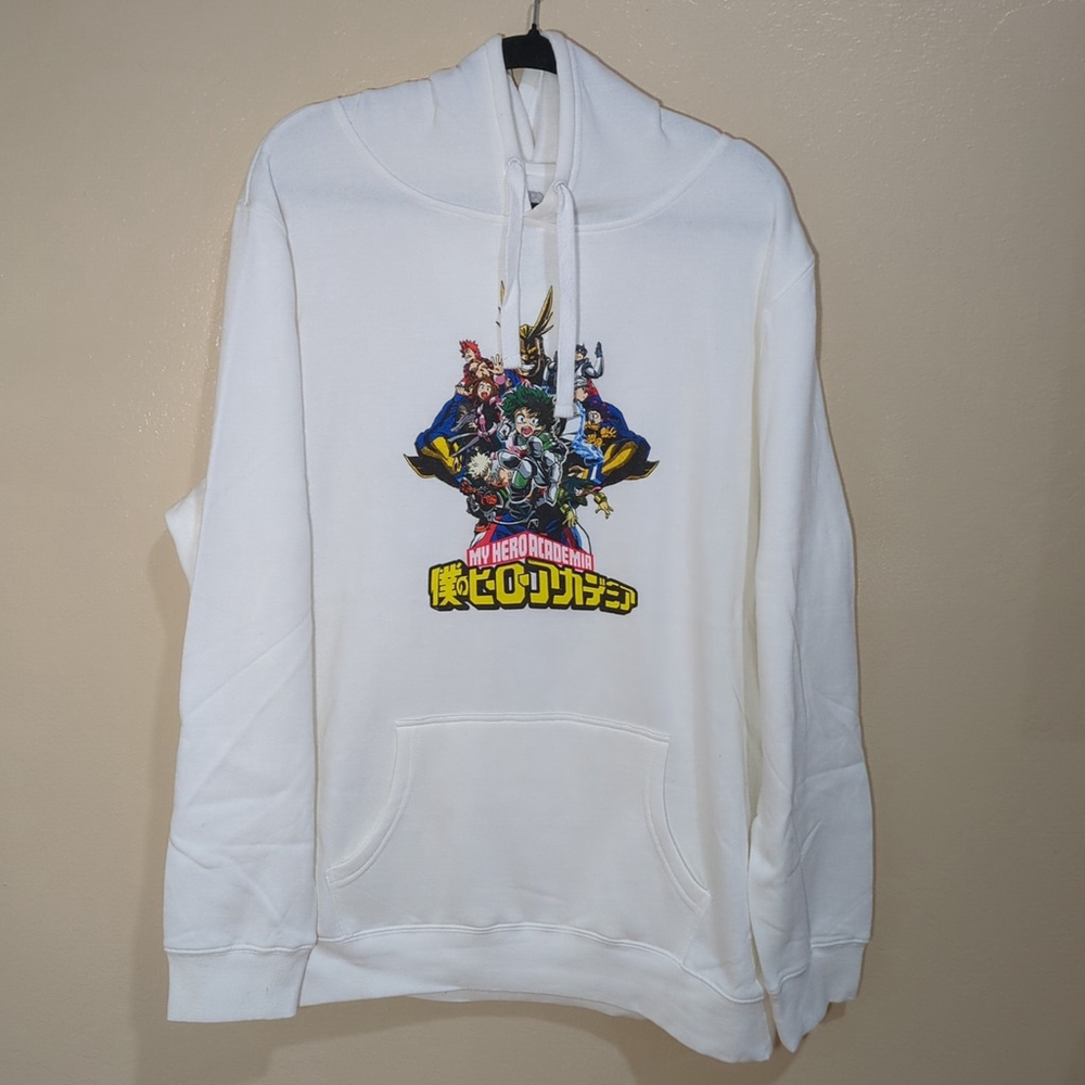 My Hero Academia Mens Pullover Hoodie. Giant Group Under All Might Over Logo, L